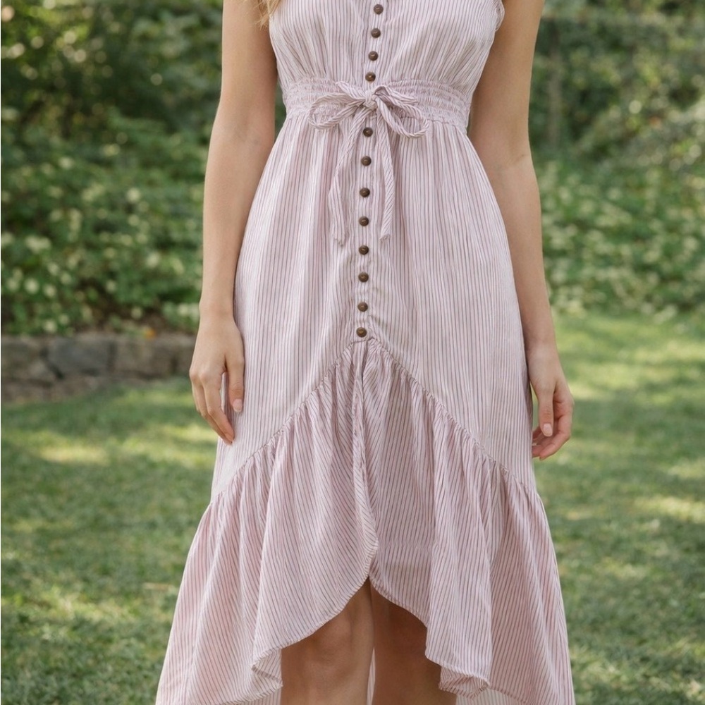 American Eagle Pink Striped Button Front Midi Dress Boho Hi-Low Hem XS​​